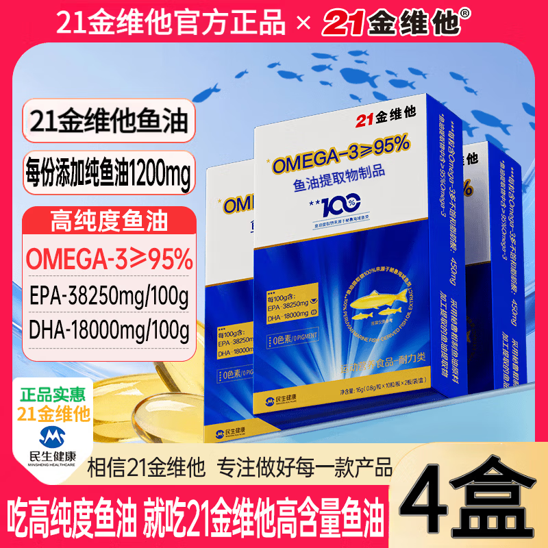 21金维他鱼油提取物制品高纯度鱼油0mega-3≥95%EPA+DHA进高含量鱼油正品 21金维他高纯度鱼油 20粒*4盒