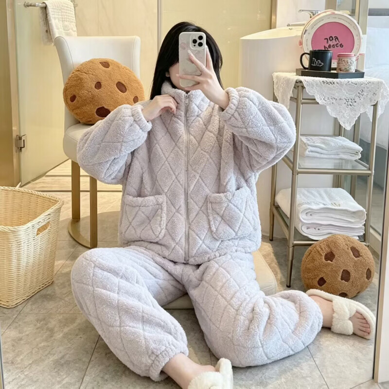 有只绵秋冬保暖珊瑚绒睡衣套装女加绒立领拉链双口袋居家服可外穿 粉色(菱形格套装加厚款) M 特厚约1000g (建议100-120斤)