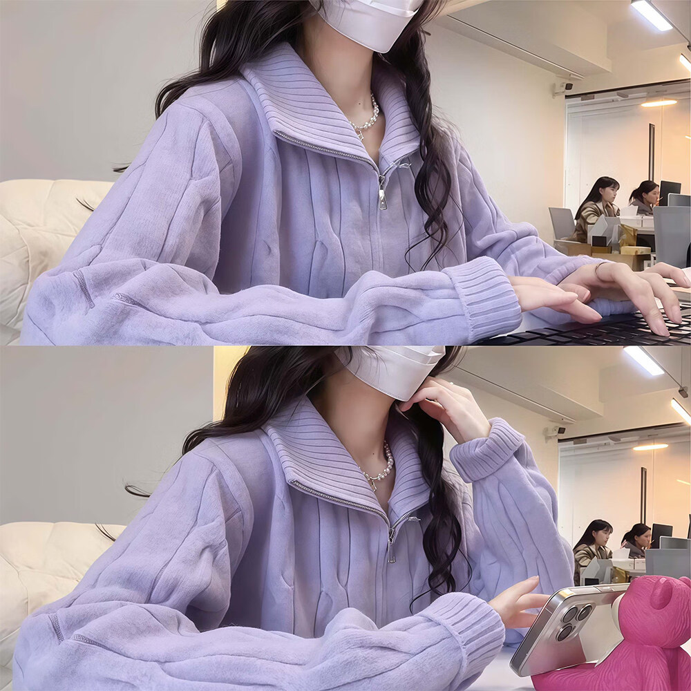 浪莎紫色麻花毛衣外套女秋季半高领双拉链针织开衫温柔韩系风通勤上衣 紫色 【保暖抗起球】 均码 【建议80-140斤】