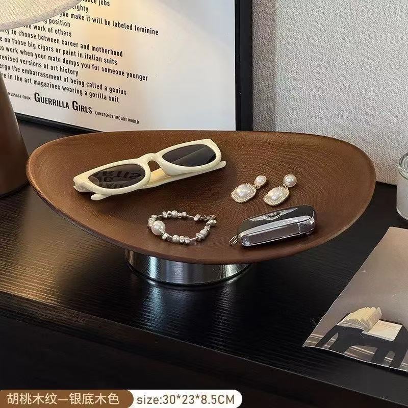 溥畔轻奢风高脚果盘摆件家用新款轻奢高端水果盘客厅上档次摆放盘 轻奢黑色木纹（两个装）