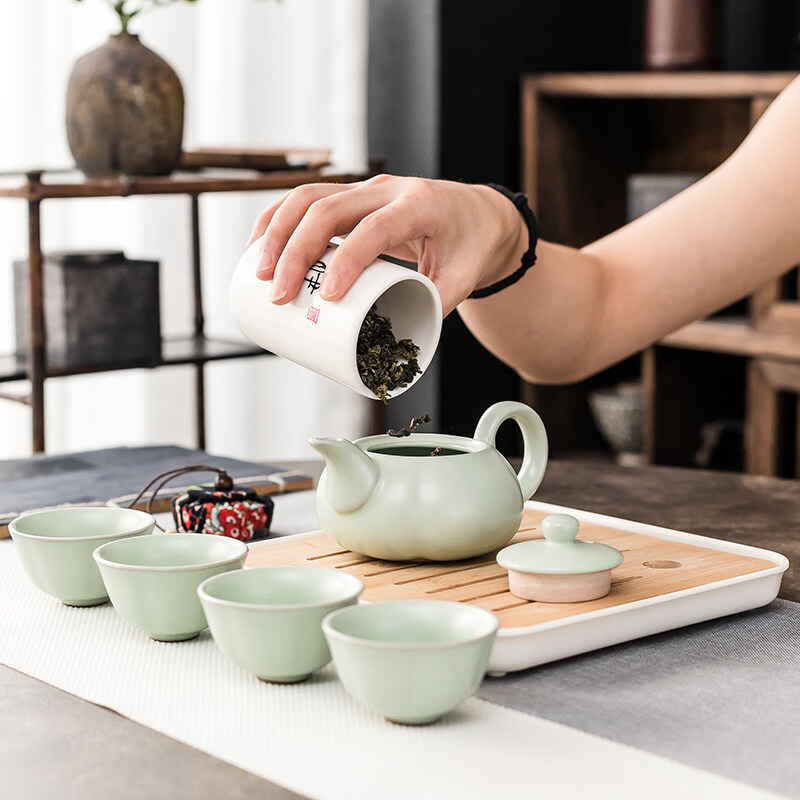 家用简约茶具套装小一壶四杯功夫泡茶壶会客宿舍干泡蓄水盘 黑紫砂一壶四杯+白盘+静罐