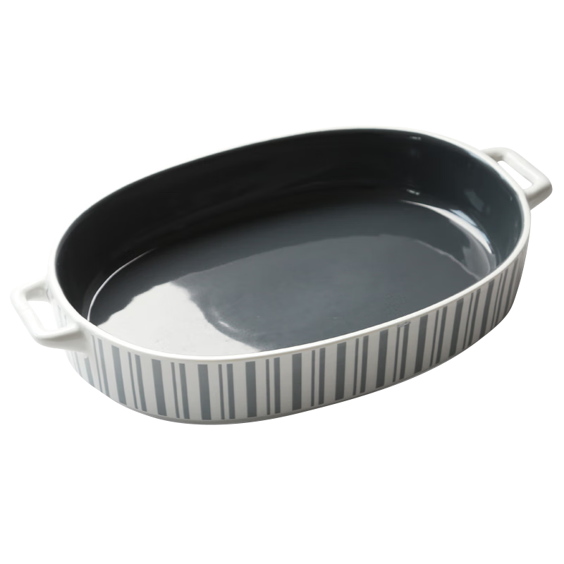苏氏陶瓷（SUSHI CERAMICS）烤盘家用芝士焗饭盘烤箱专用烘焙用具条纹长方形双柄大号陶瓷烤盘12.5英寸