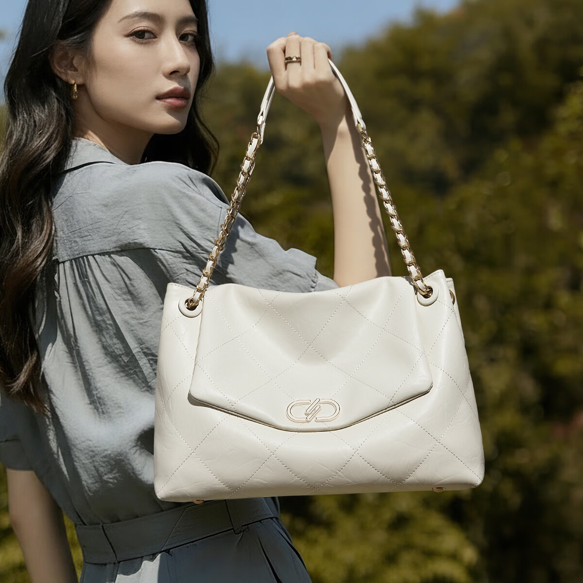 星期六托特包女2026菱格链条包通勤大容量斜挎包hobo腋下手提包生日礼物 雪芙奶油白