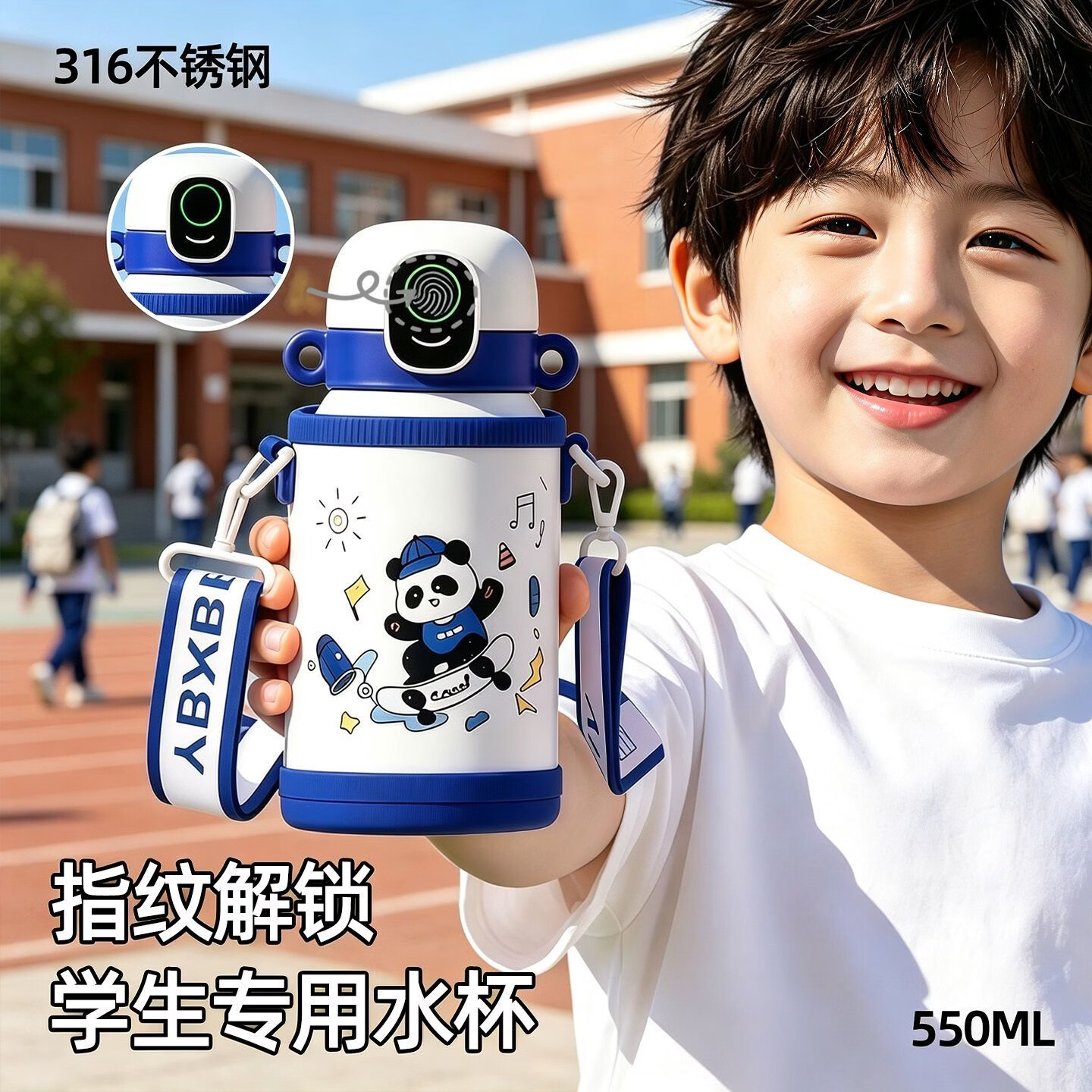 PLPC三丽鸥指纹解锁儿童保温杯316L不锈钢6-12岁学生专用密码水杯壶子 薰衣草紫550ml【杯套+吸管+直饮】