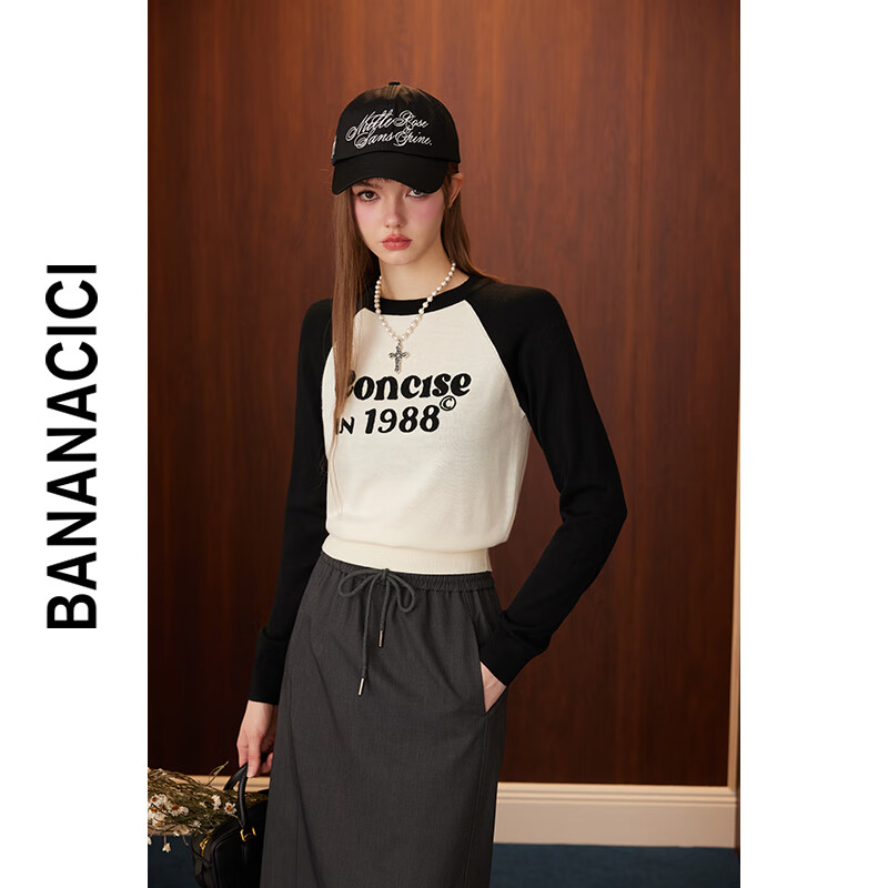 banana cici2024年秋季新款美式复古风撞色字母刺绣BC套头针织衫C243MY093 黑色 L