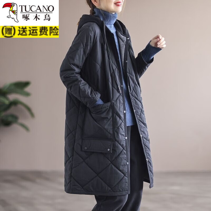 啄木鸟(TUCANO)尾单菱形格棉衣外套宽松大码休闲中长款棉服女 卡其色 L 115-125斤