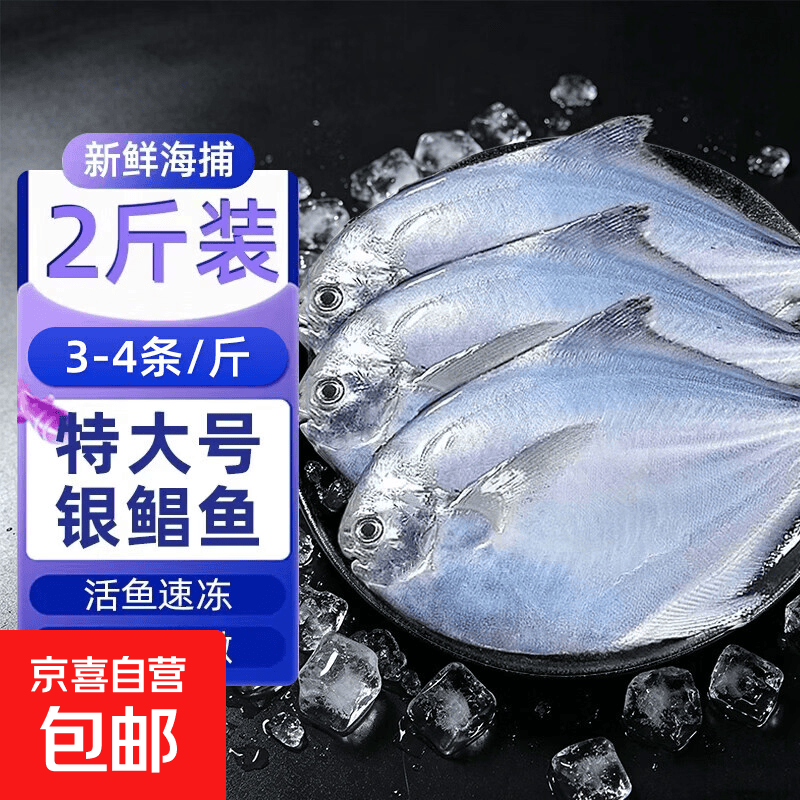 海捕银鲳鱼新鲜冷冻银鲳鱼烧烤低脂食材商用批发海鲜水产批发净重 特大新鲜银鲳鱼2斤装【每斤3-4条】