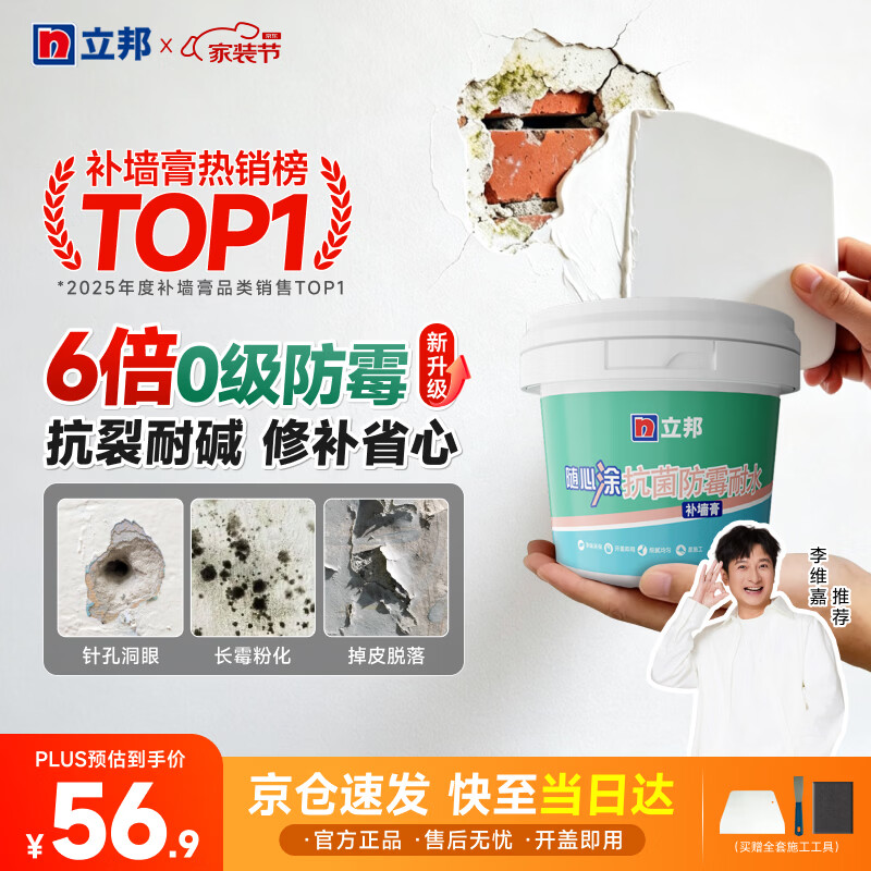 立邦补墙膏墙面修复防霉抗菌墙面修补膏堵洞腻子膏白色2.5kg
