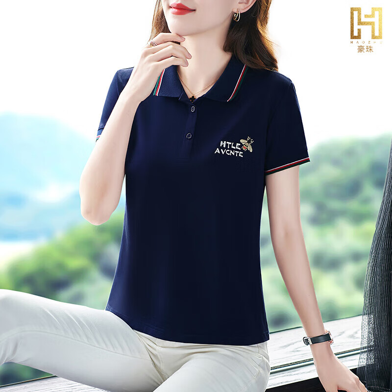 豪珠中年女士短袖t恤女夏装新款品牌时尚洋气时尚高端polo衫薄款别致