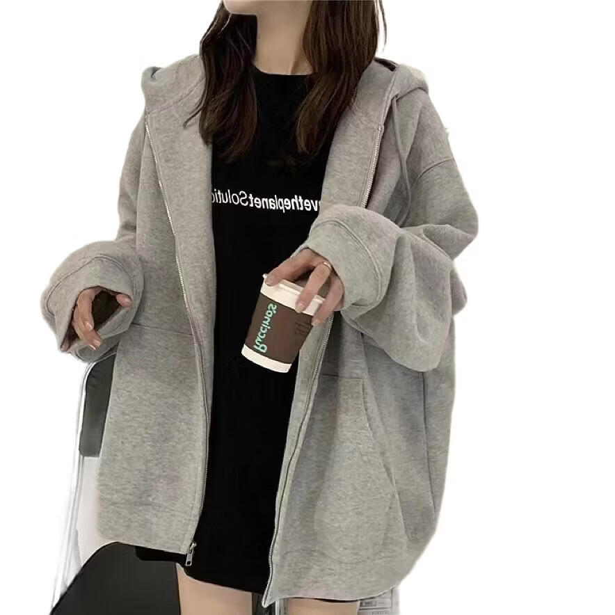 卫衣春秋连帽开衫百搭女生大码学生休闲宽松显瘦ins拉链加绒外套 开衫卫衣灰色 加绒 4XL 165-180斤 京东折扣/优惠券