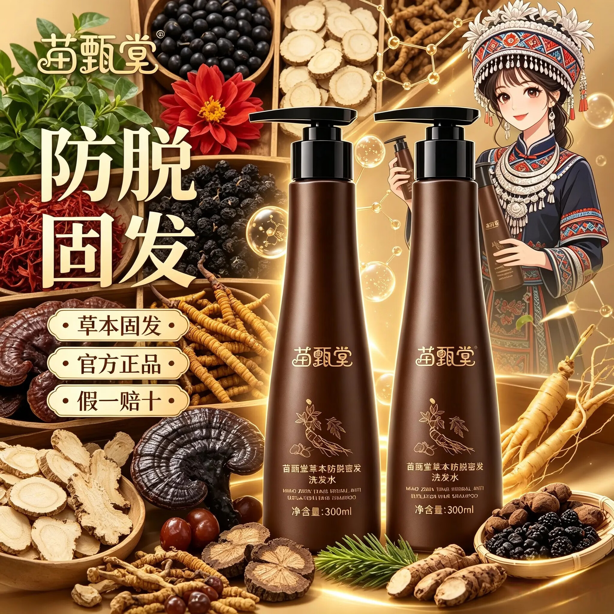 苗甄堂官方正品 【苗甄堂】 防脱草本洗发水 两瓶装300ml 某音爆款 苗甄堂/防脱洗发水/300ml*2瓶