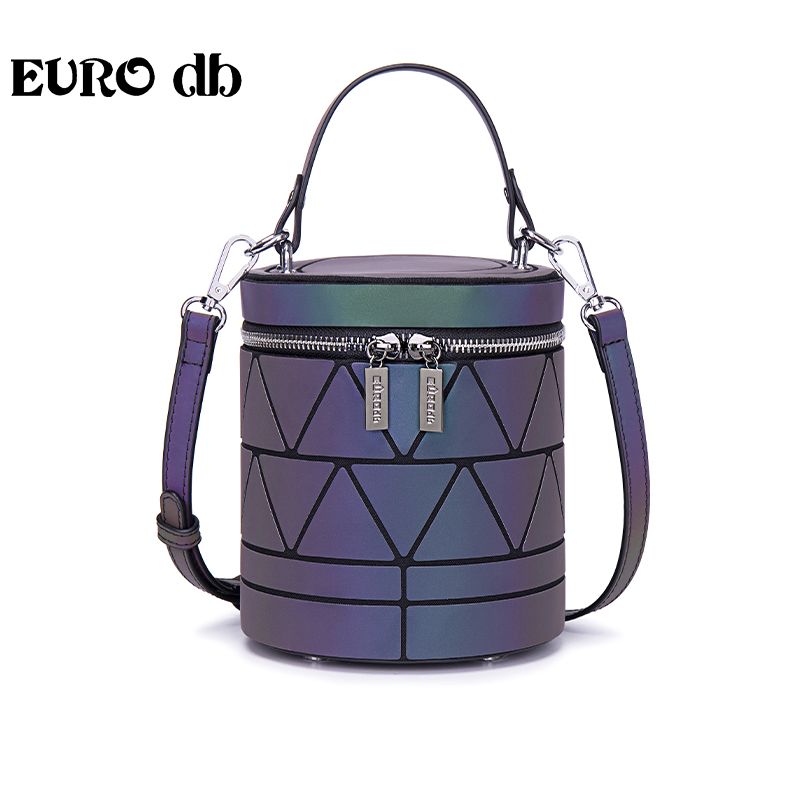 EURO DB新款圆筒单肩包女创意手机菱格小包包时尚气质水桶包潮牌手提斜挎妈咪包 夜光黑