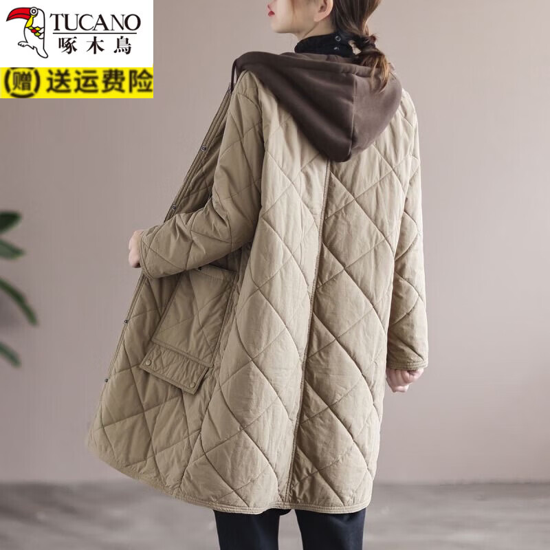 啄木鸟(TUCANO)尾单菱形格棉衣外套宽松大码休闲中长款棉服女 卡其色 L 115-125斤