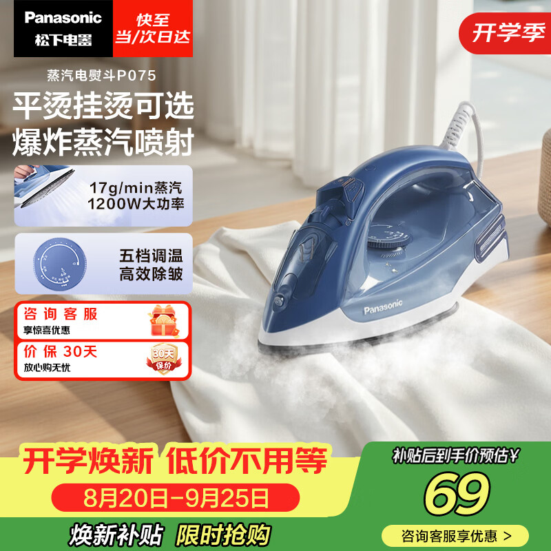 松下（Panasonic）【烫衣神器】手持挂烫机17g/min水箱0.13升电熨斗家用小型大功率大蒸汽熨烫机除皱熨被子NI-P075