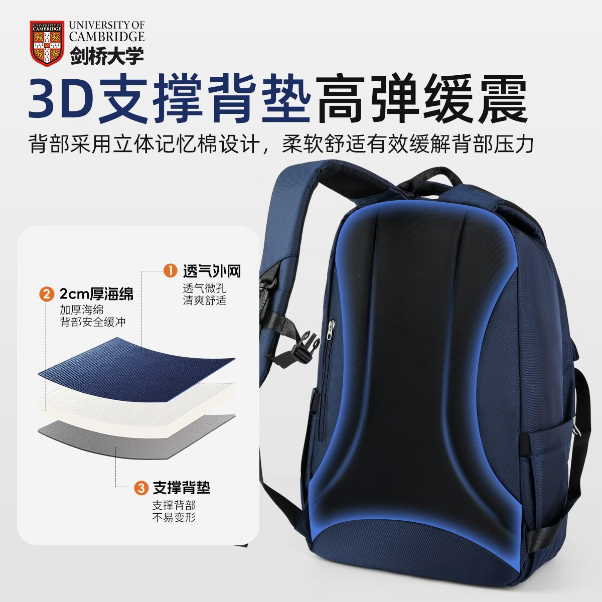 UNIVERSITY OF CAMBRIDGE剑桥大学书包初中生男孩中学生大容量减负护脊高颜值女高中双肩包 CA572深蓝-1 初中生-大学生 减负