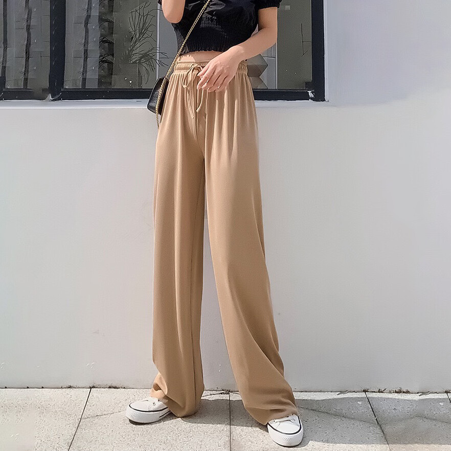 燠阳阔腿裤女裤冰丝新款薄款小个子垂感直筒高腰休闲拖地裤女 黑色 S 【75-90斤】