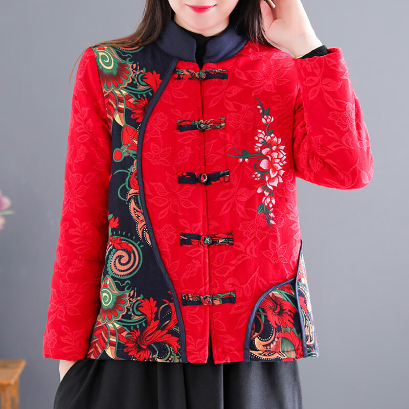 确不凡中年女棉袄贴身上衣民族风短款绣花唐装中年小袄冬季红色过年外套 唐兹_2130红色 XL_100至120斤