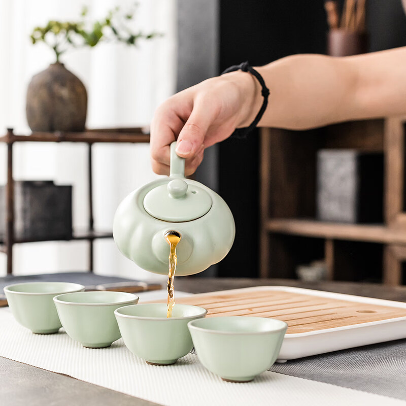 家用简约茶具套装小一壶四杯功夫泡茶壶会客宿舍干泡蓄水盘 黑紫砂一壶四杯+白盘+静罐