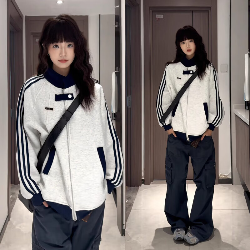 棒球服夹克女士春秋季潮牌宽松百搭衣服ins港风痞帅休闲情侣外套 藏青色 L