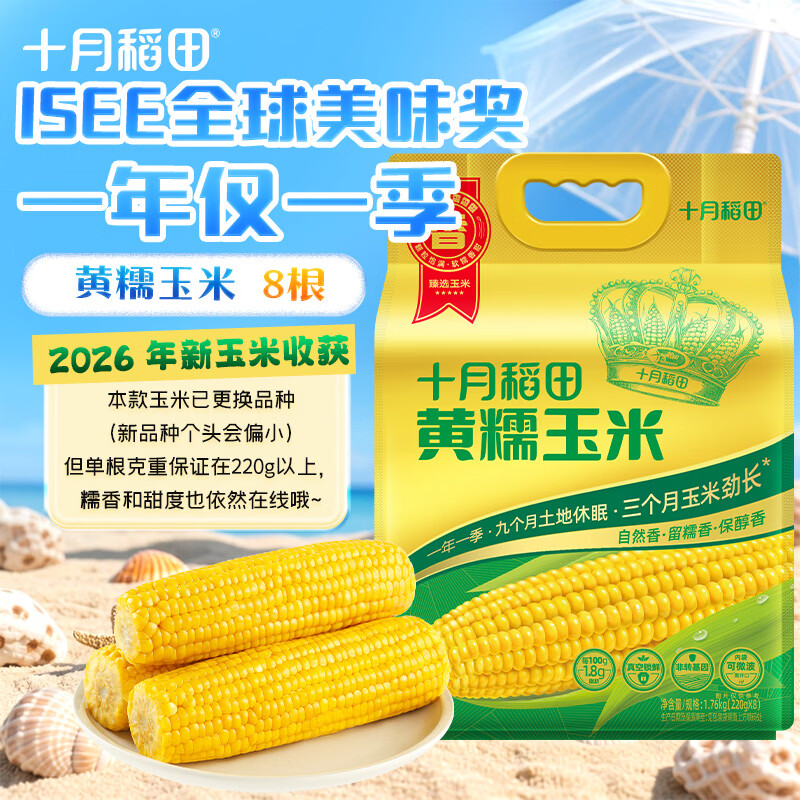 十月稻田 黄糯玉米 8根 3.52斤 真空包装 东北甜粘玉米棒 低脂早餐