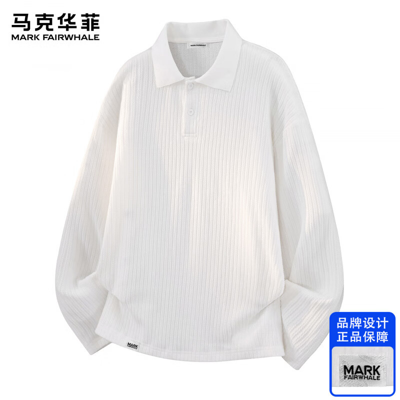 马克华菲(MARK FAIRWHALE)日系复古休闲长袖T恤男士 2026秋季新款宽松舒适简约潮牌上衣服装 白色 【官方正品】 M 【建议95-110斤】