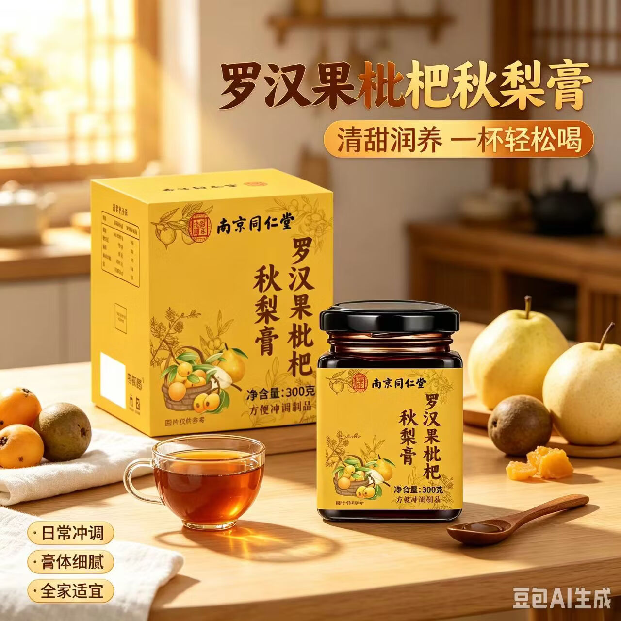南京同仁堂罗汉果枇杷秋梨膏 300g 瓶装/ 手工古法膏滋成人儿童清润冲饮膏方 罗汉果枇杷秋梨膏 300g*4盒 老少皆宜