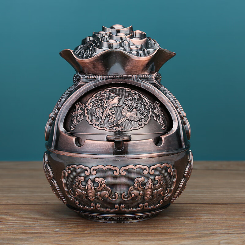 欧式烟灰缸家用客厅创意轻奢办公室卧室茶几ins防飞灰带盖摆件 红铜五福临门 京东折扣/优惠券