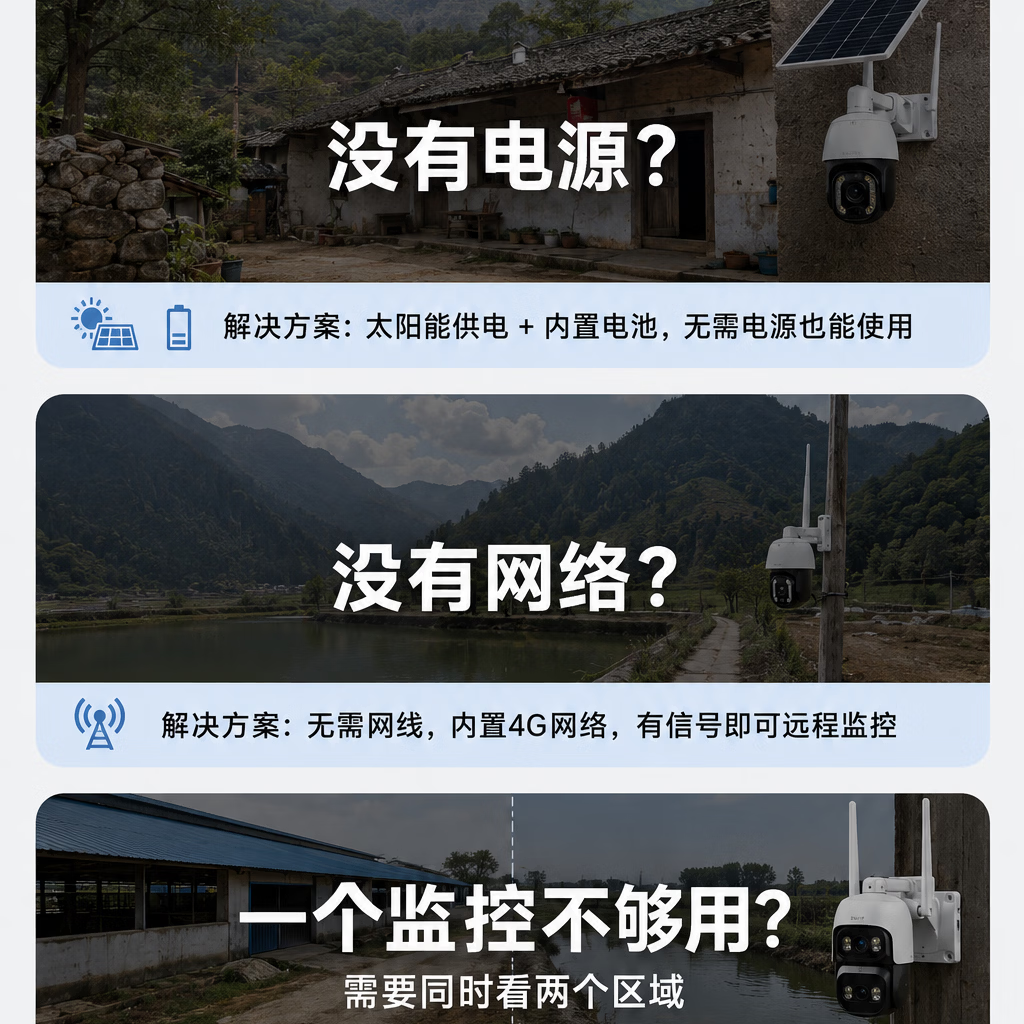 猎腾【无电无网适用】太阳能监控摄像头360度全景无死角全彩夜视追踪终身免流量室外农村户外高清 三画面+双镜头-双太阳能板 终生免流量不用WiFI