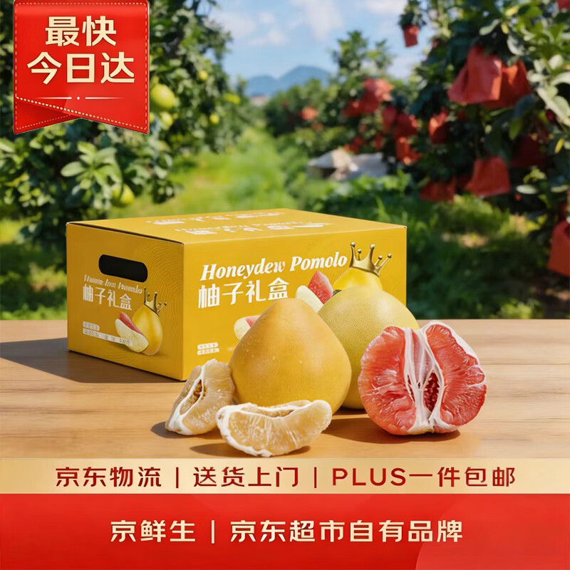 京鲜生 双色蜜柚/柚子 2粒装 净重5-6斤 单果2-3斤  生鲜水果中秋礼盒