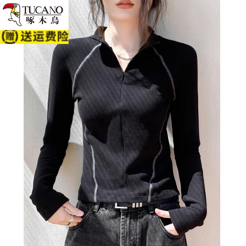 啄木鸟（TUCANO）拉链半高领双面德绒卫衣女秋冬韩版修身显瘦内搭保暖打底长袖上衣 黑色 3XL 建议130-150斤内