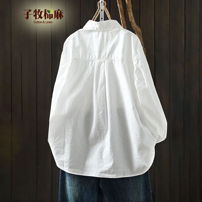 子牧棉麻2026秋装 女百搭长袖衬衫花朵刺绣休闲文艺衬衣宽松上衣0850 白色 L (建议105-115斤)