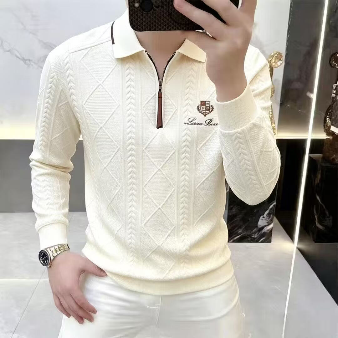 秋季男士半拉链翻领卫衣欧货菱格提花针织Polo衫轻奢刺绣长袖上衣 杏色半拉链卫衣 XL 建议120-140斤 京东折扣/优惠券