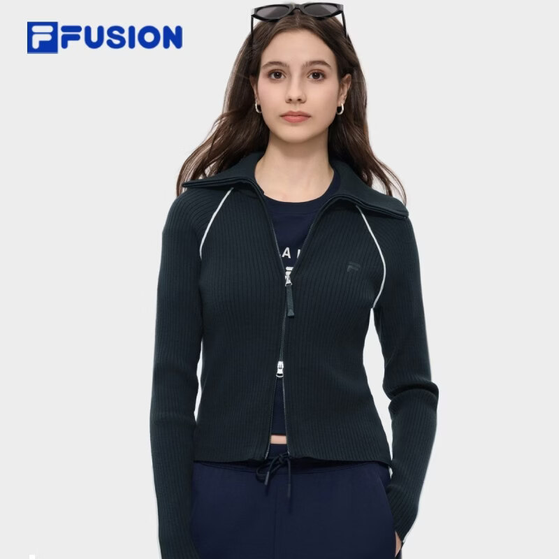 FILA FUSION斐乐潮牌编织外套女26冬新款时尚紧身高领拉链开衫上衣 天空船长蓝-BU M 165/84A/M