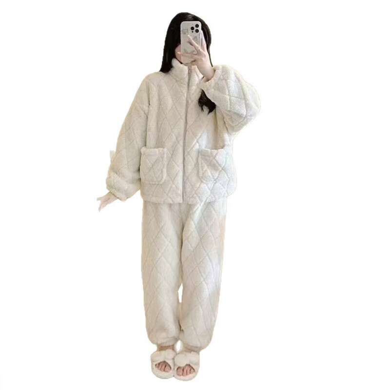 有只绵秋冬保暖珊瑚绒睡衣套装女加绒立领拉链双口袋居家服可外穿 粉色(菱形格套装加厚款) M 特厚约1000g (建议100-120斤)