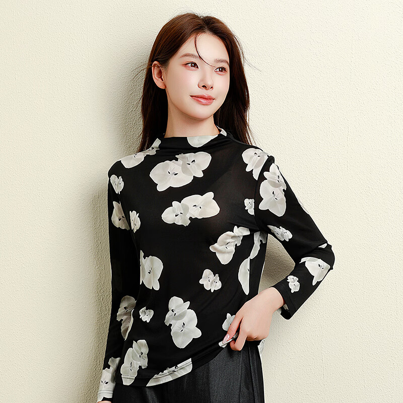 丝界26新款100%真丝打底衫女半高领花边内搭秋冬洋气桑蚕丝显瘦上衣 【半高领】墨色幽兰 2XL