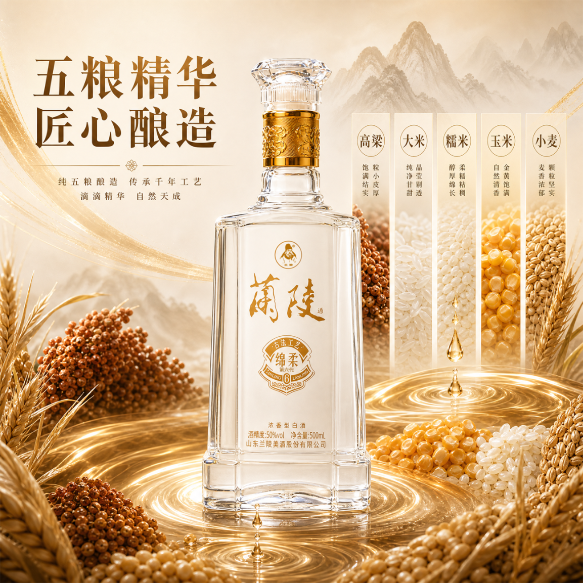 兰陵绵柔第六代 50度 500mL*2瓶 优级浓香型白酒 山东名酒 纯粮酒 50度 500mL 2瓶 绵柔陈香