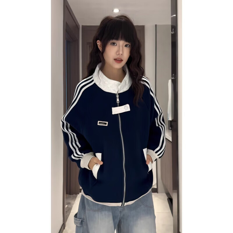 棒球服夹克女士春秋季潮牌宽松百搭衣服ins港风痞帅休闲情侣外套 藏青色 L