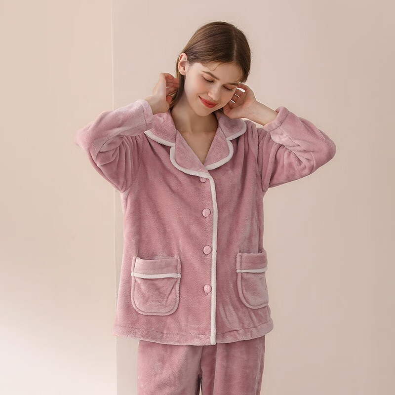 安之伴睡衣女秋冬保暖法兰绒加绒加厚休闲开衫宽松女士家居服套装可外穿 豆沙 L