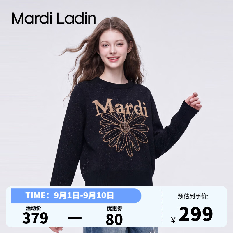 MARDI LADIN针织衫女2026年秋季新款印花套头毛衣女宽松保暖针织衫上衣女 黑色 M