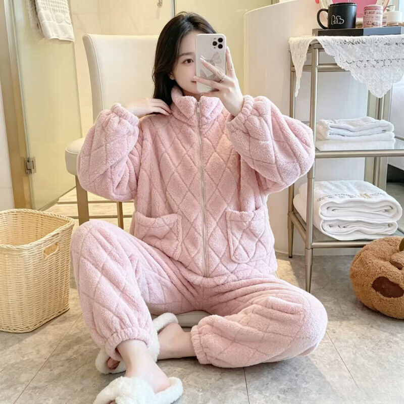 有只绵秋冬保暖珊瑚绒睡衣套装女加绒立领拉链双口袋居家服可外穿 粉色(菱形格套装加厚款) M 特厚约1000g (建议100-120斤)