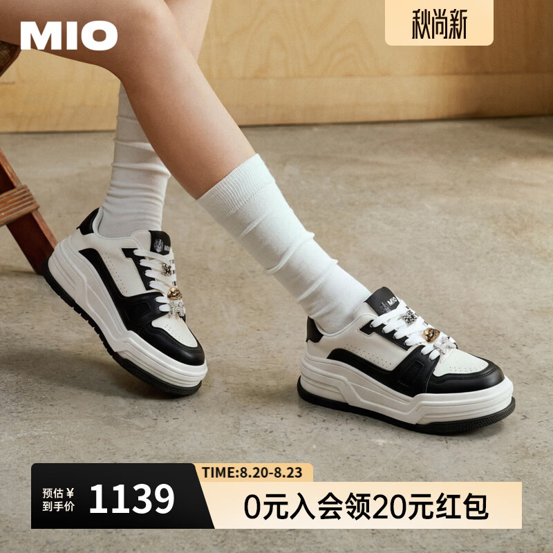MIO米奥休闲板鞋2026秋季新款圆头厚底增高5.5cm面包鞋运动鞋女鞋 白/黑色 35 (225mm)