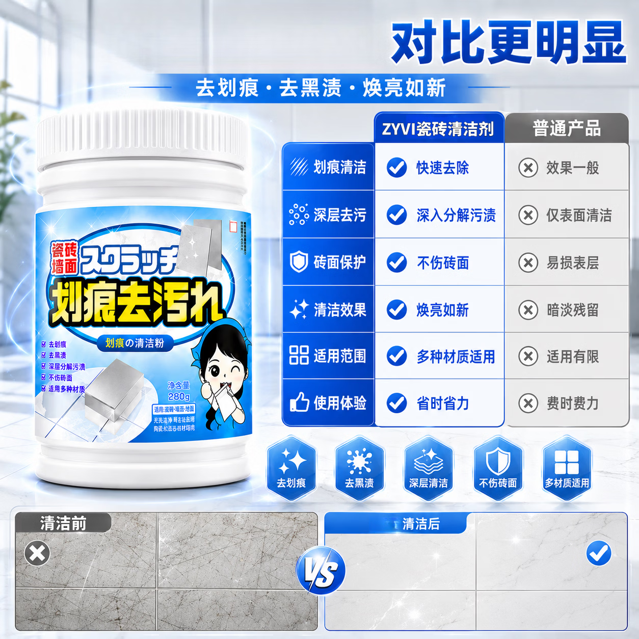 ZYVI【日本】瓷砖划痕清除剂柔光砖清洗剂金属黑印出除痕修复修复釉面 一盒装【体验装】修复瓷砖浅痕焕新 【京东快递次日达】地砖去刮痕|金属黑印|轻松去痕
