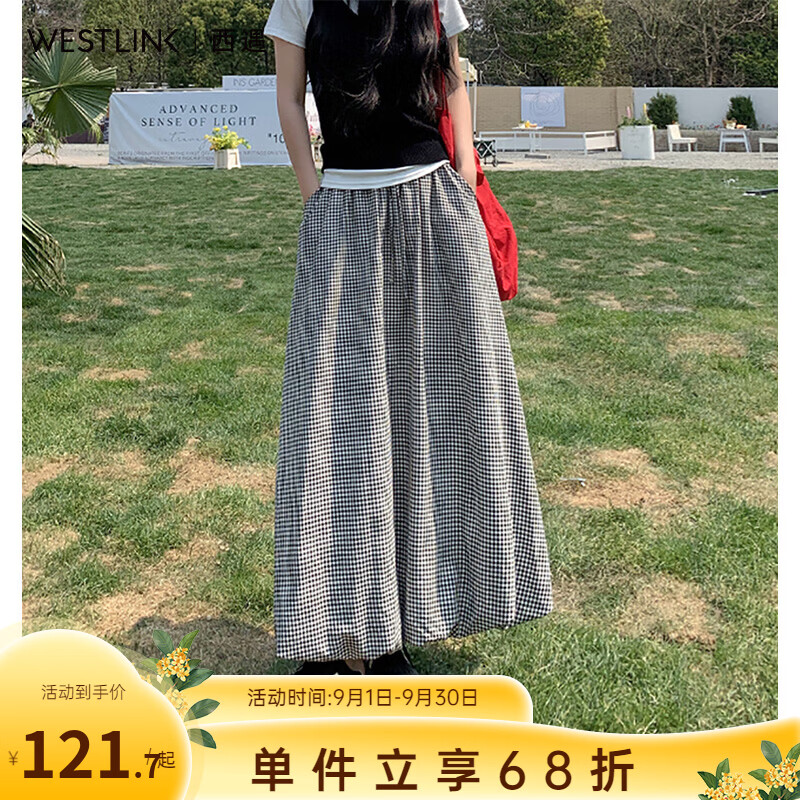 西遇（Westlink）黑白细格大摆半身长裙女2026夏季新款日系宽松遮胯文艺花苞裙 黑+白色 付款15天 M (160)