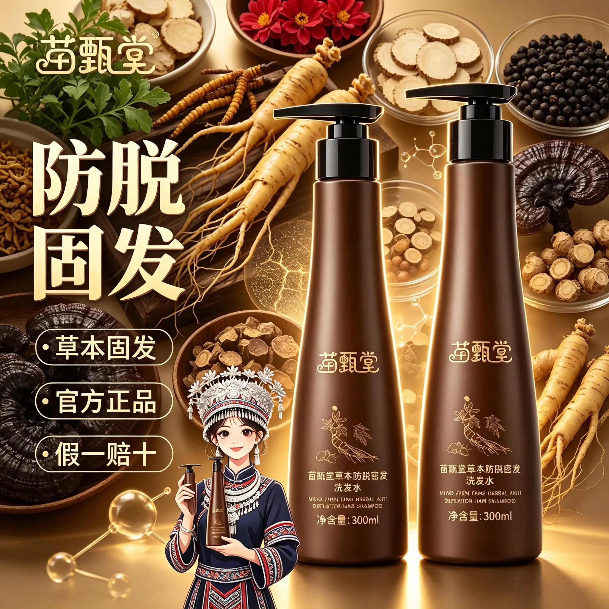 苗甄堂官方正品 苗甄堂 视频爆款 防脱草本洗发水 两瓶装300ml侧柏叶 苗甄堂/防脱洗发水/300ml*2瓶