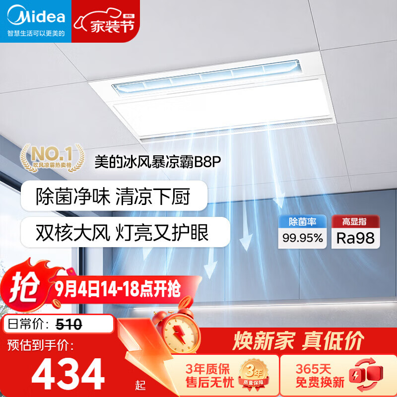 美的（Midea）凉霸厨房卫生间集成吊顶照明一体遥控排气换气吹风负离子除菌B8P
