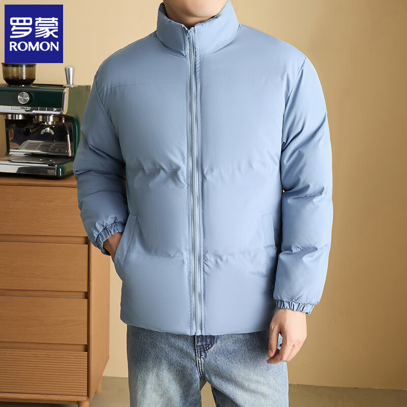 罗蒙(ROMON)纯色棉服男短款2026冬季新款保暖面包服棉衣外套休闲男装上衣服 蓝色 2XL