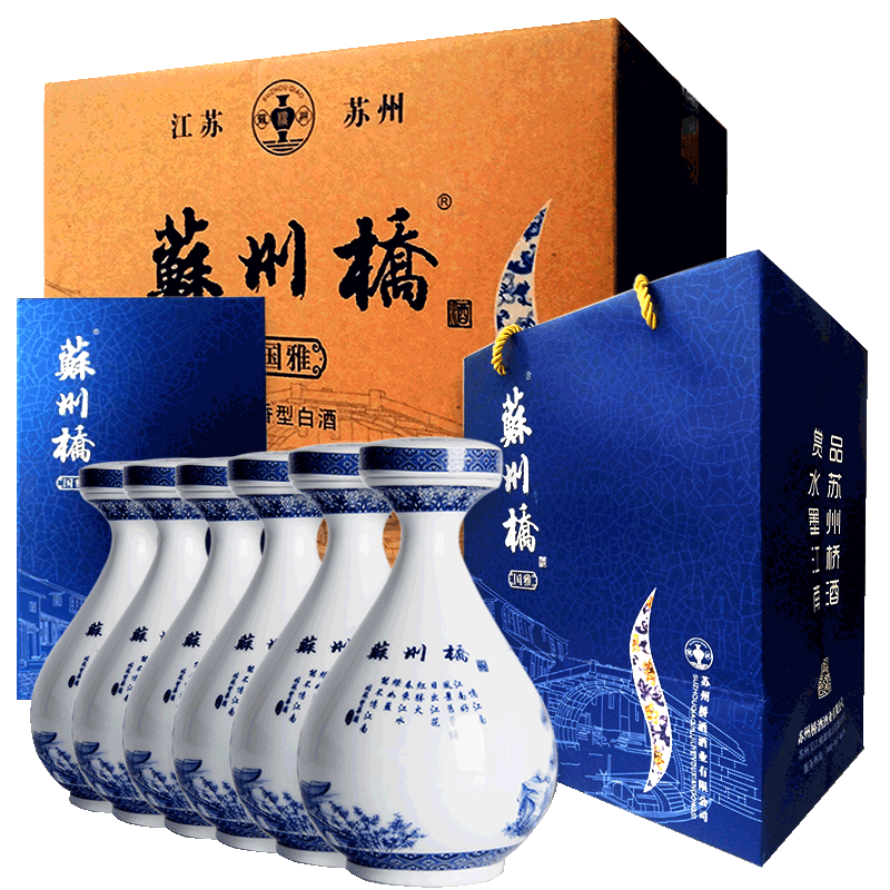 苏州桥苏州桥本地白酒国雅42度江南口味送人礼盒装纯粮酿造青花瓷瓶固态 42度 500mL 6瓶 ·国雅整箱白酒