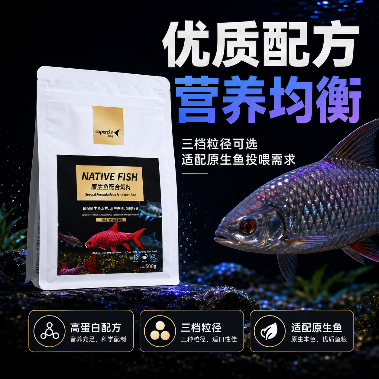 光特亿原生鱼吉罗鱼专用饲料颗粒高蛋白缓沉型鱼食长鳍马口鱲鳑鲏鱼饲料 原生鱼饲料中等颗粒500g