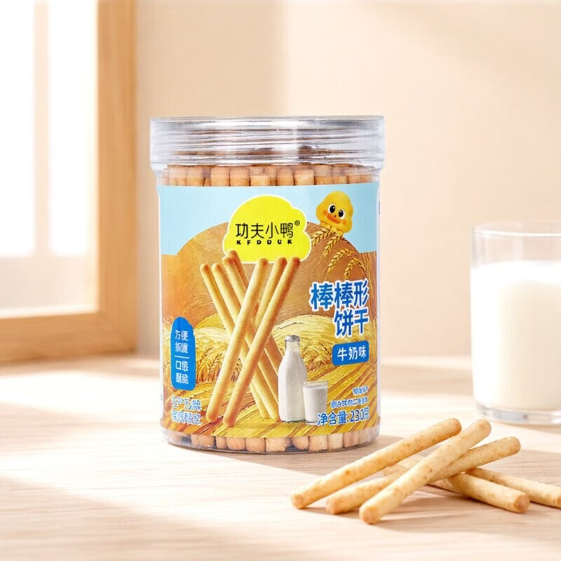 功夫小鸭棒棒饼干儿童零食炭烧棒牛奶棒饼干磨牙手指饼干蔬菜牛奶味水果味 4罐装【口味搭配或备注】