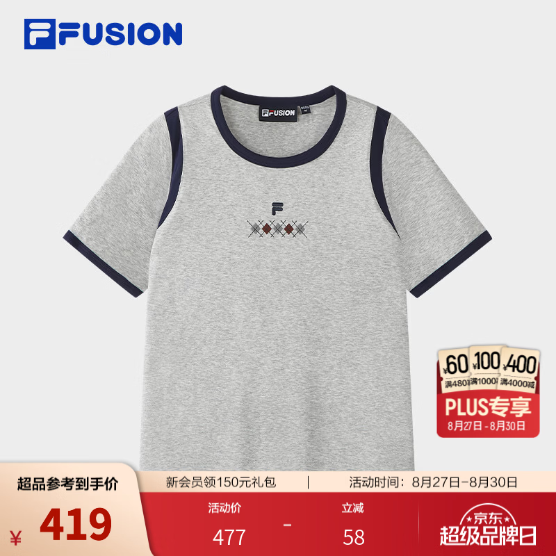 FILA FUSION 斐乐潮牌短袖T恤26秋季新款女士针织休闲基础撞色 鸽子花灰-MG L 170/88A/L